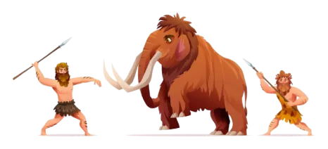 Icon representing a prehistoric hunting scene between a man and a mammoth