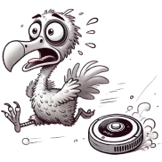 Scared dodo chased by a vacuum robot