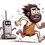 Scared prehistoric man running away from a modern vacuum robot advancing towards him