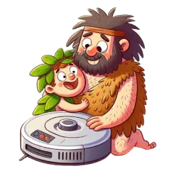 The vacuum robot integrated into a prehistoric family who seem to love and consider it as a full member