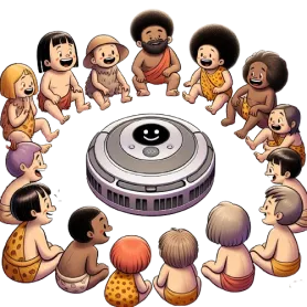 The vacuum robot surrounded by prehistoric men and children who seem to love and laugh with it