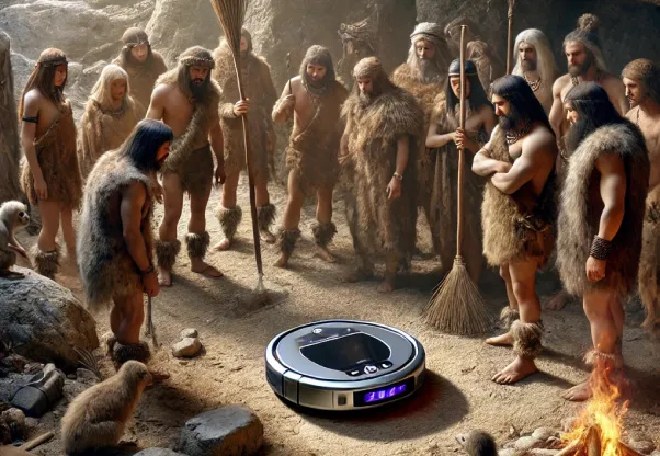 A group of prehistoric men in traditional attire surrounding a modern vacuum robot in the middle of a campsite with campfires and rocks, creating an anachronistic scene.