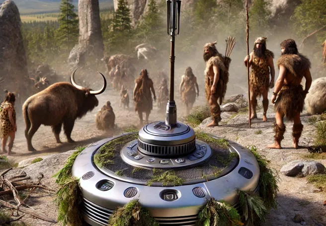 Vacuum robot modified with spears to hunt prehistoric animals