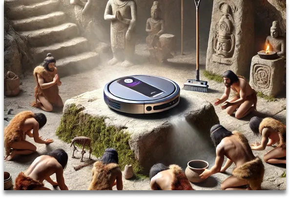 The vacuum robot venerated by prehistoric men, surrounded by offerings and tribal symbols